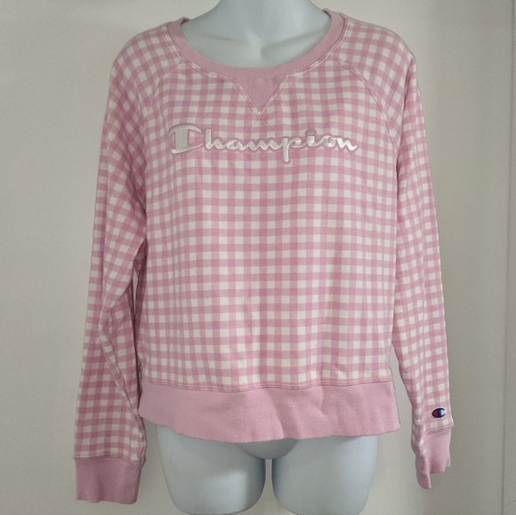 Champion pink white checkered gingham plaid sweatshirt pullover crew neck logo - Picture 1 of 3